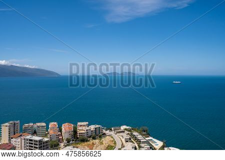 Attractive Spring Cityscape Of Vlore City From Kanines Fortress. Captivating Morning Sescape Of Adri