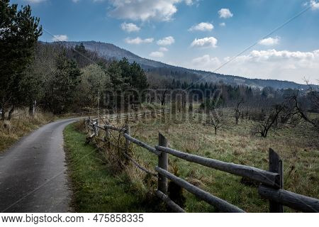 A Path Along With Old Wooden Fence In The Countryside  In The Springtime. Sleza Massif, Poland.