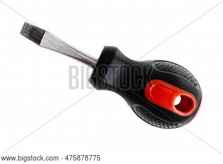 Wide Flat Head Screwdriver With Rubber Handle Isolated On White Background