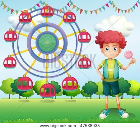 Ilustração de um menino segurando um pirulito ao lado de uma roda-gigante