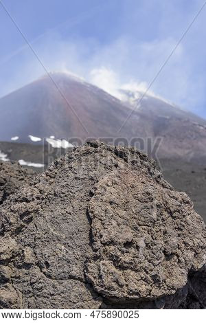 Volcano Mount Etna With Smoking Peak Of Main Crater. Etna Is Active Stratovolcano, Tallest And Large