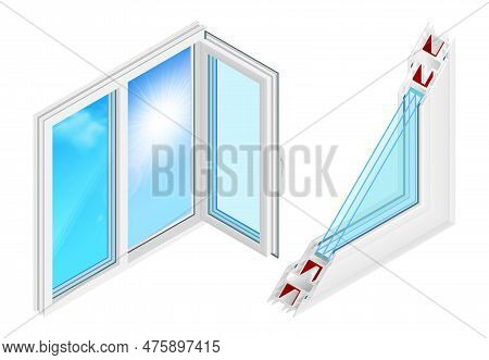Plastic Windows Installation Design Concept With Opened Casement And Cross Section Profile Isometric