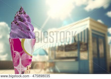 Soft Purple Ice Cream With Cone. Delicious Summer Snack, Caramel Phistachios Ice Cream. Copy Space. 