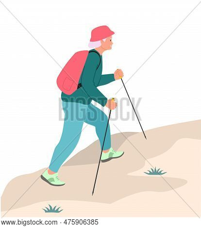 Senior Woman With Backpack Hiking Outdoor In Park. Old Lady Walking With Sticks. Woman Walking Nordi