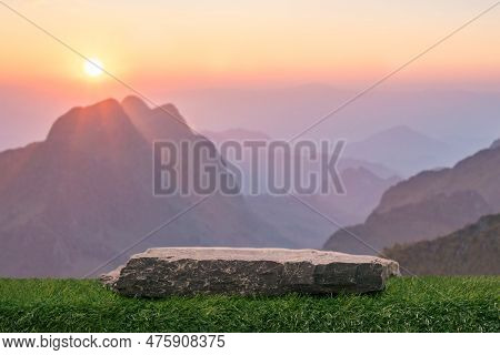Stone Podium Tabletop Floor Outdoors On Pink Sky At Sunset With Beautiful Mountain Nature Landscape 