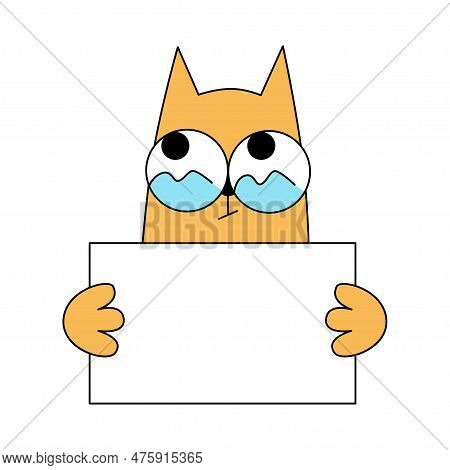 Cute Comic Cat With Big Eyes Hold Placard With Text Space. Cartoon Line Minimal Hand Drawn Sketch Fu