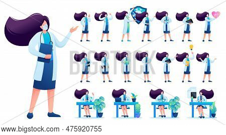 Set Of Woman Doctor. Presentation In Various In Various Poses And Actions. 2d Flat Character Vector 