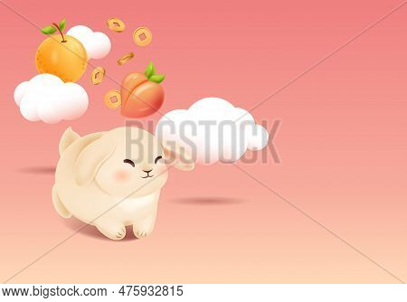 2023 Year Of Rabbit Or Hare, Chinese Background. Lop Rabbit With Flying Clouds, Orange, Peach And Co