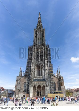 Ulm, Germany - April 29, 2023:  Ulm Cathedral. Gothic, Lutheran Cathedral, The Tallest Cathedral In 