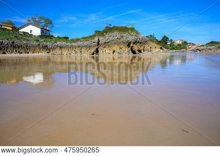 View On Playa De Palombina Las Camaras In Celorio, Green Coast Of Asturias, North Spain With Sandy B
