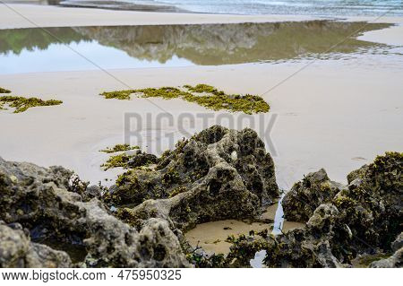 View On Playa De Borizo In Celorio, Green Coast Of Asturias, North Spain With Sandy Beaches, Cliffs,