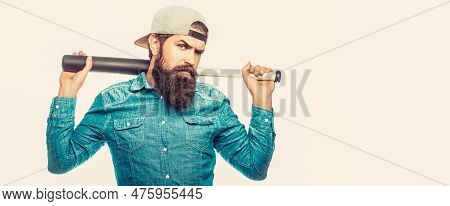 Beardman Holding A Baseball Bat. Isolated White Background. Man Swung The Bat. Hooligan With Basebal