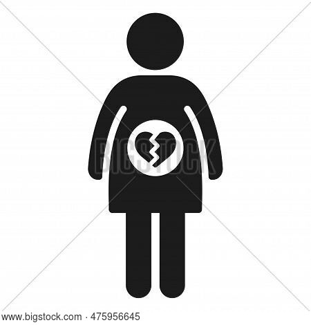 Miscarriage, Loss Of A Pregnancy Icon. Woman Stick Figure With Symbol Of Broken Heart In Her Belly. 