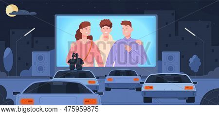Drive Cinema. Romantic Couple Sitting Roof Car Watching Movie Big Screen Outdoor Theater In Night Au