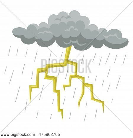 Grey Cloud With Rain And Lightning. Drawing Of Rain Or Thunder Isolated On White Background. Weather