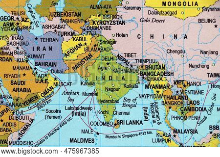 Close Up Of A World Map With Asian Side, India Subcontinental In Focus