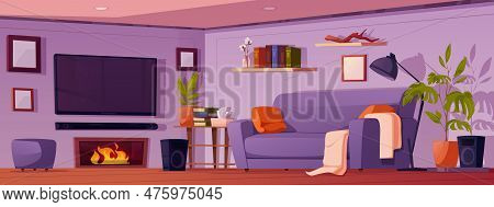 House Room Interior With Furniture. Modern Living Room With Sova, Tv, Table With Books, Fireplace Wi