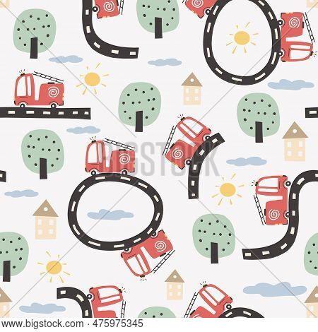 Cute Seamless Pattern With Roads And Transport. Cartoon Illustration In Childish Hand-drawn Scandina