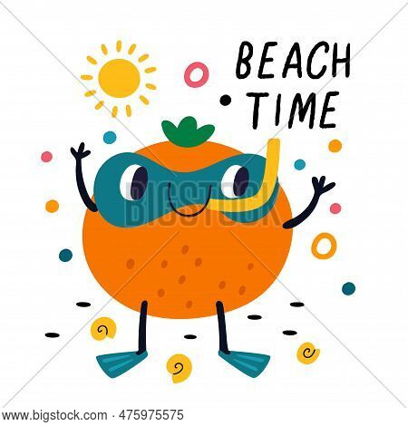 Funny Fruits Card. Summer Vacation. Cartoon Orange Character At Beach. Summertime Holiday. Food Masc