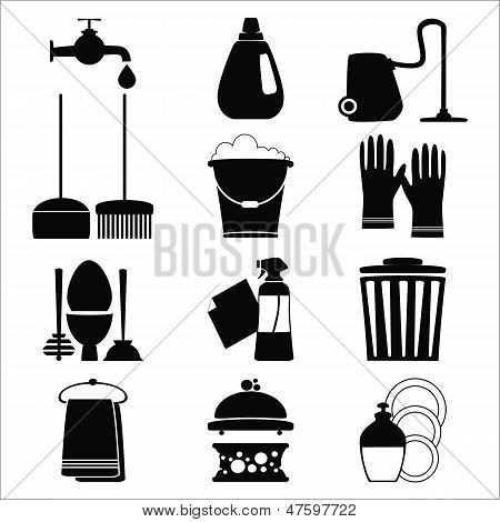 Vector set of black home cleaning elements