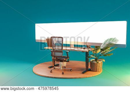 Isolated Computer Workspace On Wooden Podium With Giant Widescreen Monitor; Freelance And Home Offic