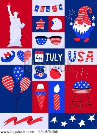 Graphic Poster With National Symblos Of Usa Independence Day. Greeting Card For 4th Of July. Statue 