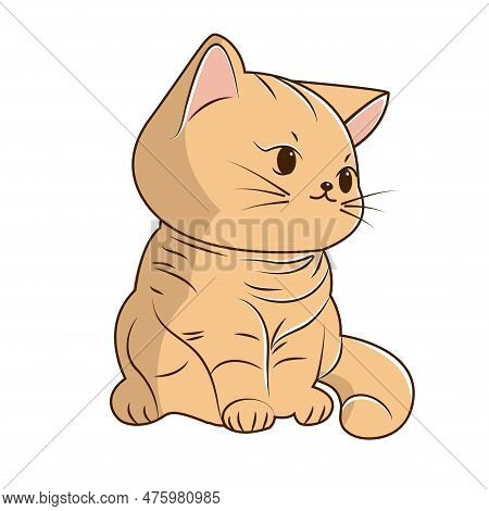 Vector Puffy Kitten, He Lovely Brown Cat Icon. Vector Light Brown Cat With Stripes Looking Away Icon