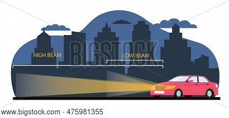 Car With Low And High Beams, In Background Of Night City. Sedan Automobile With Bright Headlights In