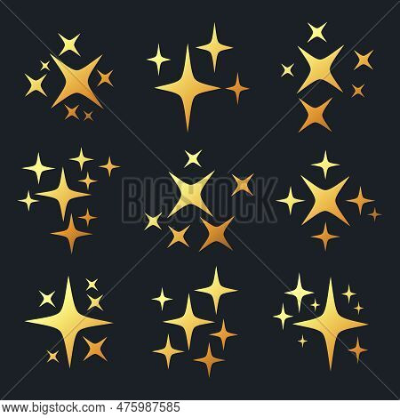 Golden Shiny Sparkle Stars, Flash Lights Glitter Sparks. Twinkling Gold Sparkles, Shiny Stars Silhou