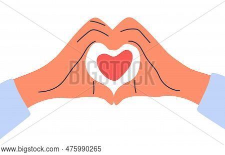 Hands Making Heart Sign. Love Romantic Symbol, Heart Shaped Gesture, Love Message Flat Vector Illust