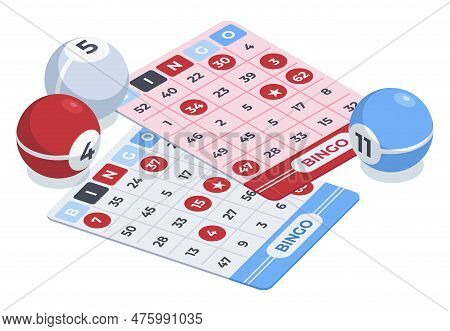Isometric Bingo Game. Gambling 3D Balls And Lottery Tickets, Lottery Lucky Numbers Flat Vector Backg