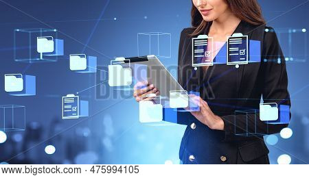 Businesswoman Typing In Tablet, Double Exposure With Online Database And Business Folders Storage An