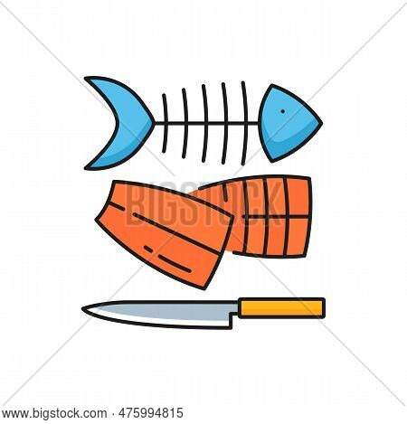 Fishing Industry Fish Fillet Processing Line Icon. Salmon, Trout Or Tuna Meat Cutting. Seafood Produ