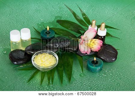 Fragrant oils, salt, candles, stones and flower