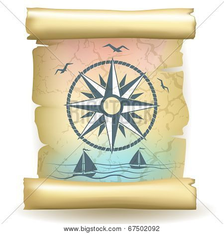 Scroll with vintage compass design and boats