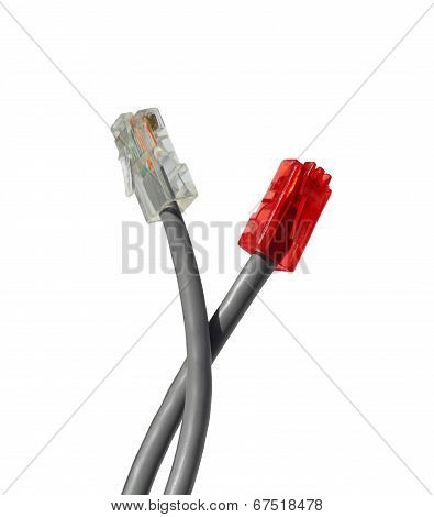 Two Twisted Pair Cables With Red And White Jacks Isolated On White