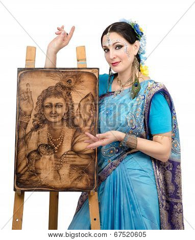 Artist Showing Pyrography Painting Prosperity On The Easel