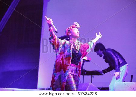 LOULE - JUNE 26: Bomba Estereo an eletronic dance music band from Colombia, performs on stage at festival med, a world music festival, in Loule, Portugal, June 26, 2014  