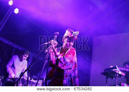 LOULE - JUNE 26: Bomba Estereo an eletronic dance music band from Colombia, performs on stage at festival med, a world music festival, in Loule, Portugal, June 26, 2014  