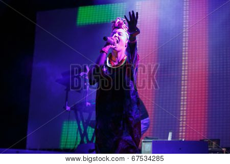 LOULE - JUNE 26: Bomba Estereo an eletronic dance music band from Colombia, performs on stage at festival med, a world music festival, in Loule, Portugal, June 26, 2014  