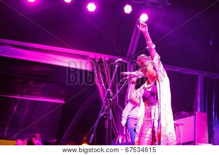 LOULE - JUNE 26: Bomba Estereo an eletronic dance music band from Colombia, performs on stage at festival med, a world music festival, in Loule, Portugal, June 26, 2014  