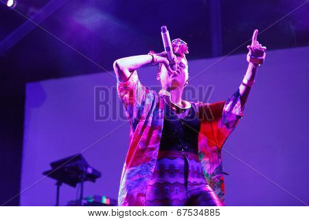 LOULE - JUNE 26: Bomba Estereo an eletronic dance music band from Colombia, performs on stage at festival med, a world music festival, in Loule, Portugal, June 26, 2014  