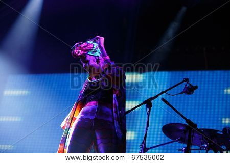 LOULE - JUNE 26: Bomba Estereo an eletronic dance music band from Colombia, performs on stage at festival med, a world music festival, in Loule, Portugal, June 26, 2014  