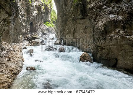 A panoramic image of the Partnachklamm in Bavaria Germany