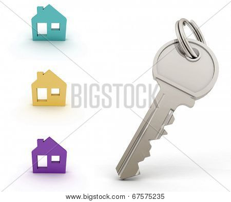 Set of houses models and Key . 3d illustration on white background