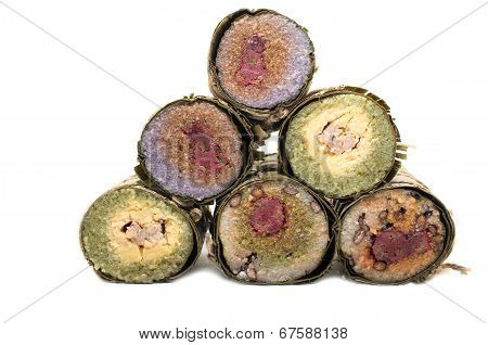 Vietnamese Assorted Conical Sticky Rice Cakes Stuffed Banana And Red Bean Isolated On White Backgrou