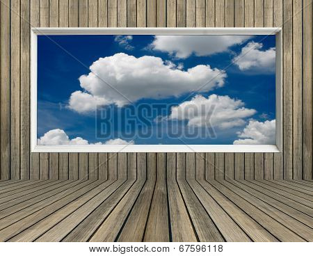 Blue Sky And Clound In Picture Frame Old Wood Wall