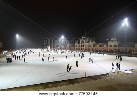 BUDAPEST, HUNGARY - DECEMBER 17: City Park ice rink on December 17, 2013 in Budapest, Hungary. It is Europe's largest outdoor ce rink.