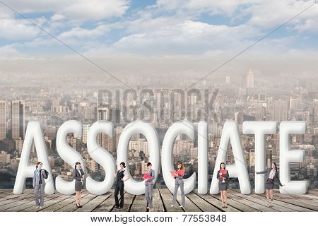 Concept of partner, friends,collaborate with group of business people stand with 3d text. 