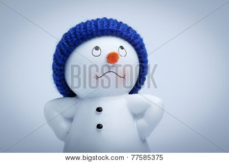 Cheerful snowman on a white snowy background.